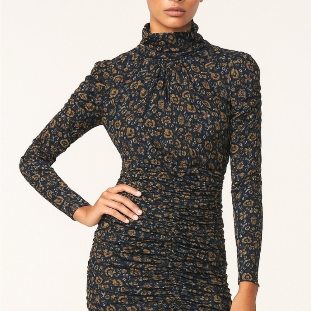 Veronica Beard Gretna Black/Navy & Gold Floral Long Sleeve Ruched Bodycon Dress